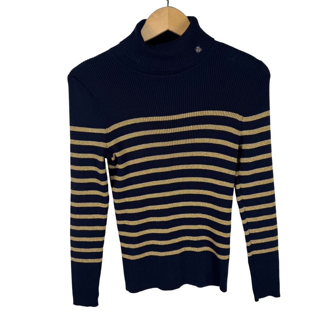 Lauren Ralph Lauren Metallic Striped Ribbed Sweater Womens M Blue Gold